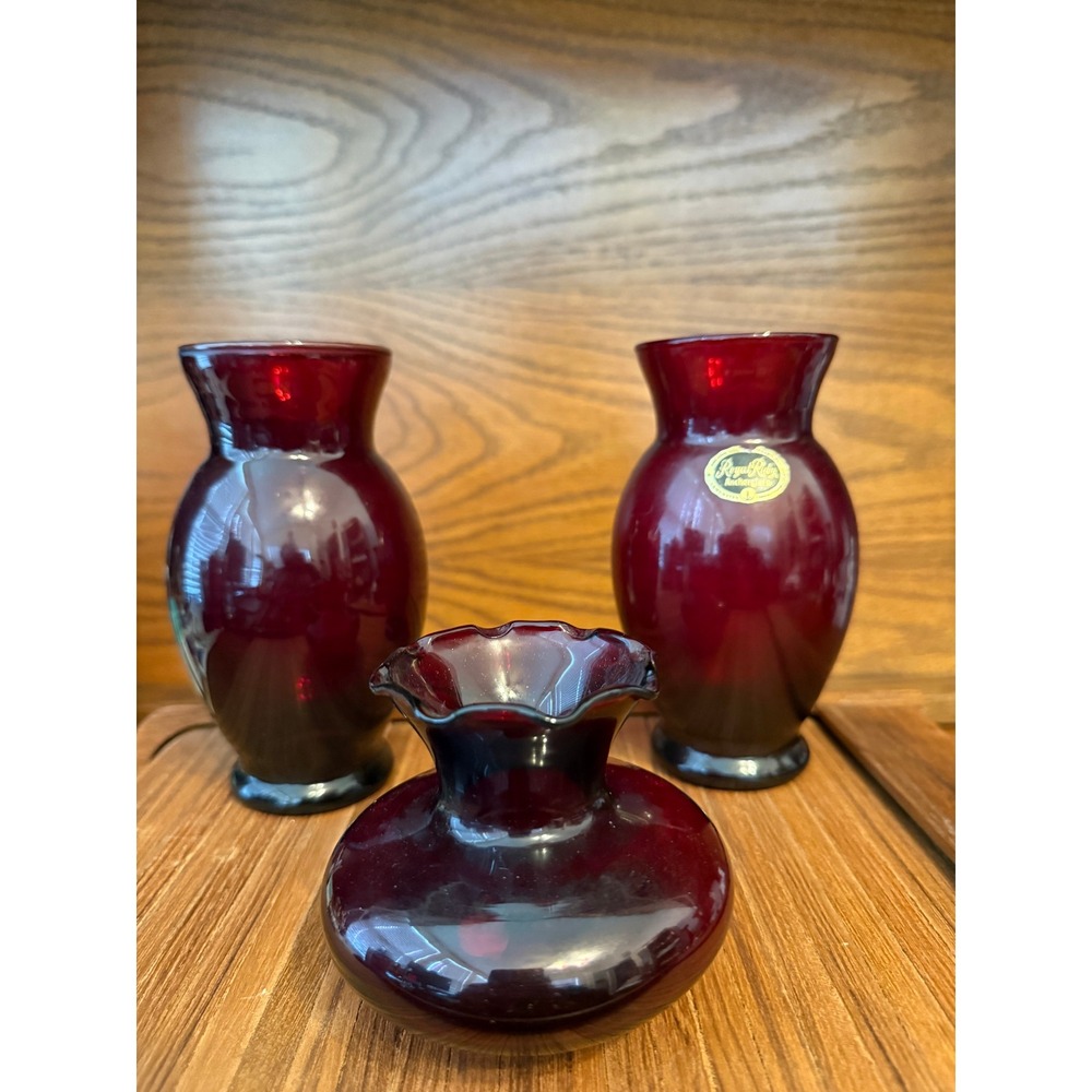 Royal Ruby Anchor Hocking Glass Vase Set Vintage Red Bud and Ruffled Vases 3pc